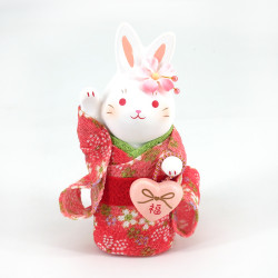 Ornamento di coniglio in ceramica bianca, HANAUSAGI FUKU, kimono rosa