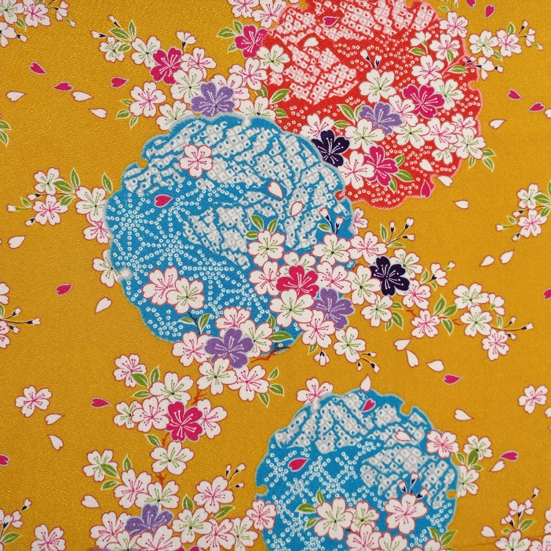 Japanese yellow polyester chirimen fabric with cherry blossom motif, SAKURA, made in Japan width 112 cm x 1m