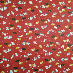 Tejido de algodón rojo japonés con motivo de gato, NEKO, hecho en Japón ancho 112 cm x 1m