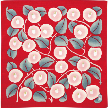 Furoshiki japonais en coton, YUMEJI TAKEHISA, Camélias rouge, 48 x 48 cm
