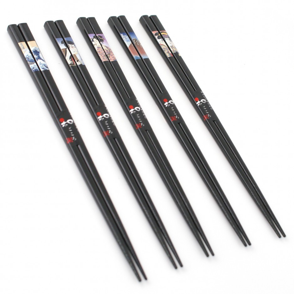 Baguettes noires à Ukiyoe peintures japonaises Two pairs of black chopsticks 