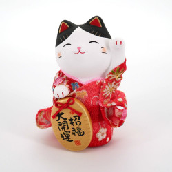 Gato manekineko in ceramica rosa, KIMONO SHOFUKU, pata izquierda