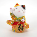 Gato manekineko in ceramica naranja, KIMONO KINUN, pata derecha