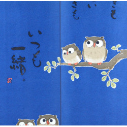 cortina larga azula en algodón, TANOSHII TOKI MO, búhos