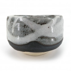 bol japonais pour cérémonie du thé en céramique, SHINYUKI, gris et blanc