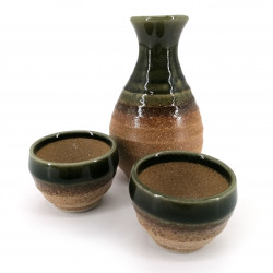 Japanese sake service with 2 glasses and 1 bottle, CHA, brown