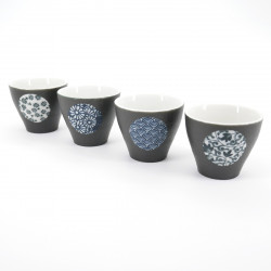 japanese black 4 cups set with circle SHUKI KURO MARUMON MARUCHI