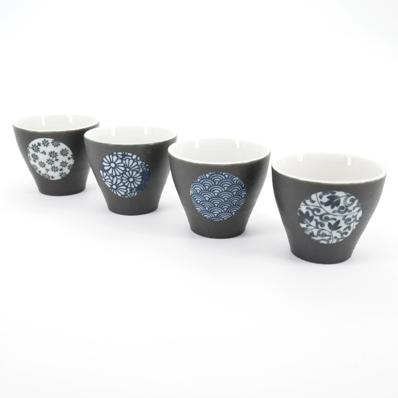 japanese black 4 cups set with circle SHUKI KURO MARUMON MARUCHI