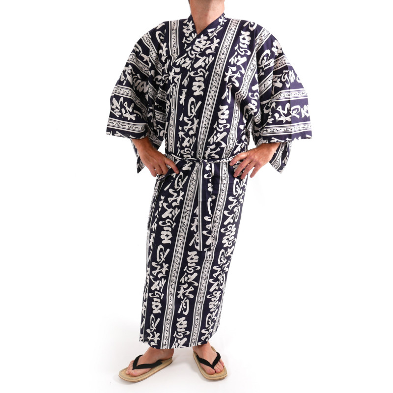 yukata kimono japonés algodón azul, AKI, kanji otoño luna
