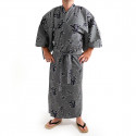 kimono yukata traditionnel japonais bleu gris en coton kanji quatre saisons pour homme