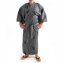 Kimono de algodón yukata japonés azul gris, SHIKI, kanji cuatro estaciones