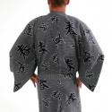 giapponese yukata kimono di cotone grigio-blu, SHIKI, kanji quattro stagioni