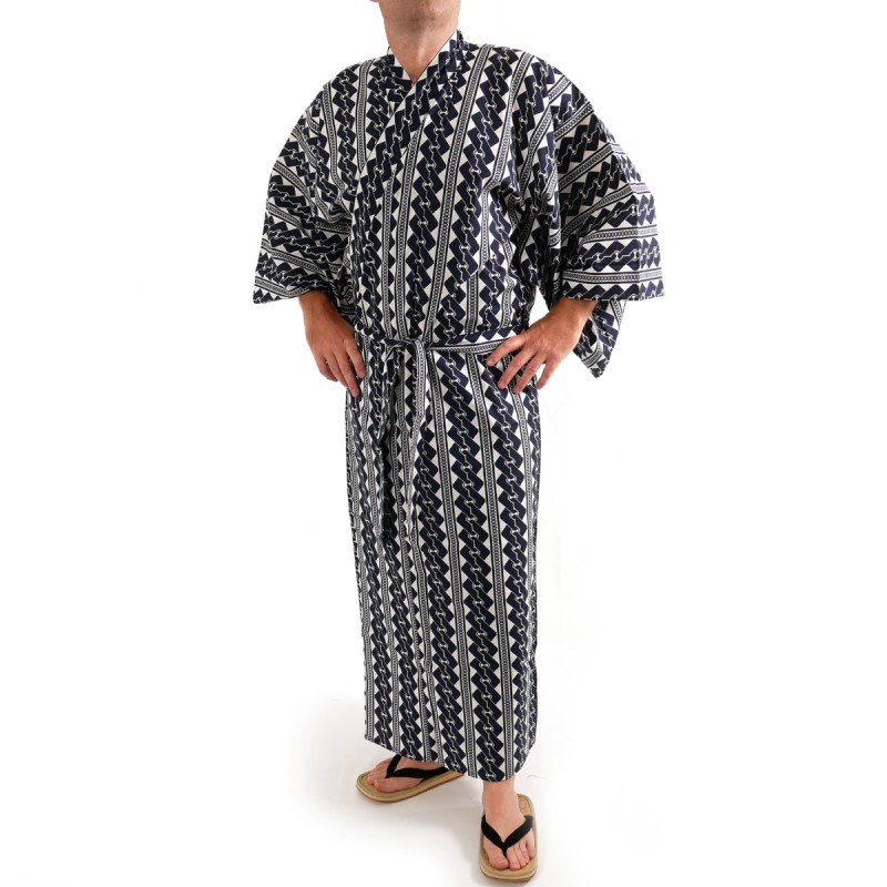 kimono yukata traditionnel japonais bleu en coton motifs chaîne pour homme