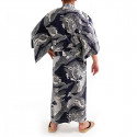 yukata kimono giapponese blu in cotone, KOI, carpa