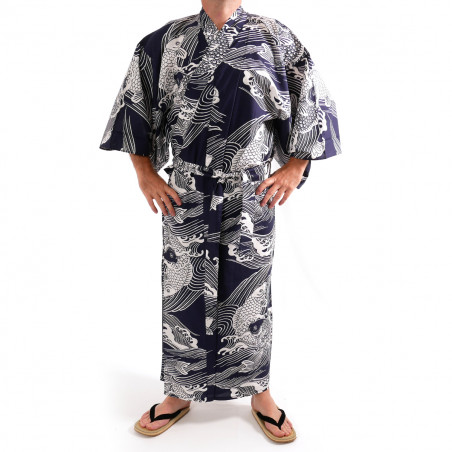 Kimono yukata traditionnel japonais bleu en coton motif carpe pour homme, YUKATA KOI