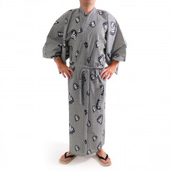 kimono yukata traditionnel japonais bleu gris en coton kanji roi shôgi pour homme
