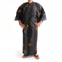 Kimono yukata japonés en algodón negro, DIAMOND, diamantes dorados