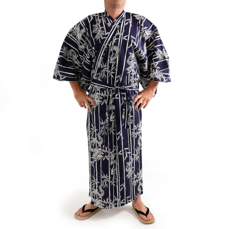Japanese traditional blue navy cotton yukata kimono bamboo and dragon for men
