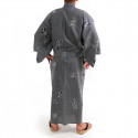 kimono yukata traditionnel japonais bleu gris en coton kanji joie et bon augure pour homme