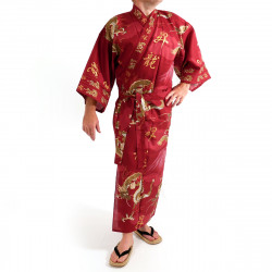 Japanese traditional red cotton yukata kimono dragon and mont fuji for men