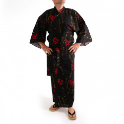 Kimono yukata japonés en algodón negro, AKAKANJI, bailando caracteres kanji