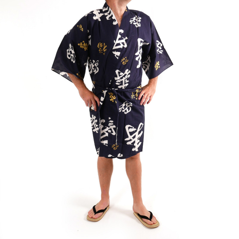 Japanese traditional blue navy cotton happi coat kimono happy longevity kanji for men