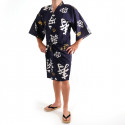 yukata kimono giapponese blu in cotone, CHÔJU, Kanji longevità