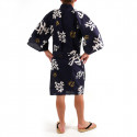 yukata kimono japonés algodón azul, CHÔJU, Kanji longevidad