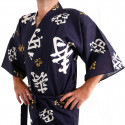 yukata kimono giapponese blu in cotone, CHÔJU, Kanji longevità