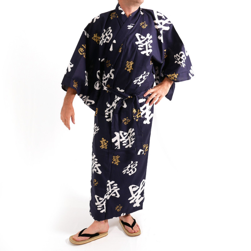 yukata kimono giapponese blu in cotone, CHÔJU, kanji felice longevità