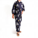 kimono yukata traditionnel japonais bleu en coton kanji heureuse longévité pour homme
