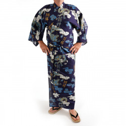 Japanese traditional blue navy cotton yukata kimono dragon cloud and kanji for men
