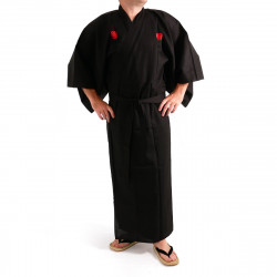 Kimono japonés negro en algodón fino, SAMURAI, kanji