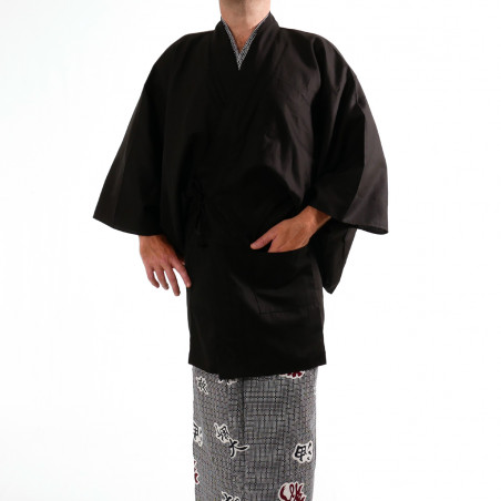 Haori jacket traditionnel japonais noir en coton shantung unisexe
