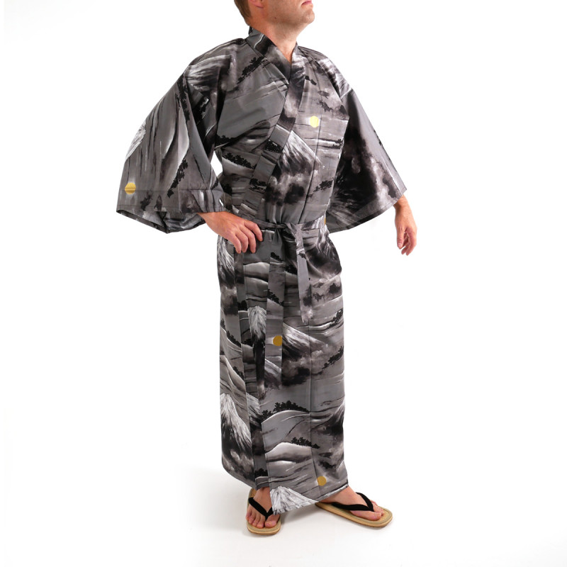 Kimono yukata japonés en algodón negro, FUJI, Monte fuji
