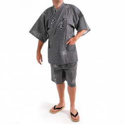 kimono jinbei traditionnel japonais bleu gris en coton kanji joie et bon augure pour homme