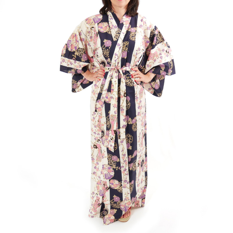 kimono yukata traditionnel japonais bleu en coton beautés geisha sur fond rayé pour femme
