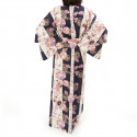 kimono yukata traditionnel japonais bleu en coton beautés geisha sur fond rayé pour femme