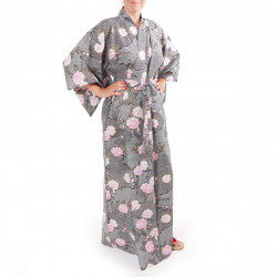 kimono giapponese yukata in cotone nero, SAKURAGUMO, fiori di ciliegio su modelli di nuvole