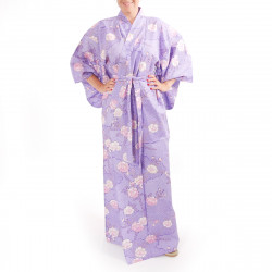kimono yukata giapponese viola in cotone, SAKURAGUMO, fiori di ciliegio e nuvole