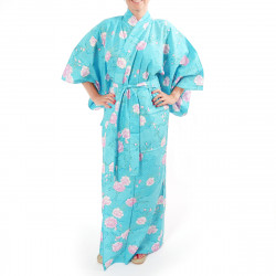 kimono yukata traditionnel japonais turquoise en coton fleurs de cerisiers sakura sur motifs nuages pour femme