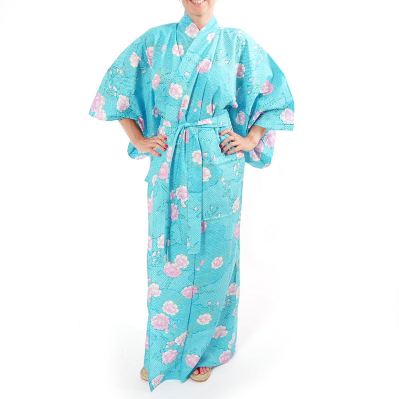 yukata japonés kimono turquesa algodón, SAKURAGUMO, flores de cerezo y nubes