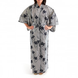 Yukata Japonés Kimono Azul Gris Algodón, SHIBORI, rayas y flores de iris
