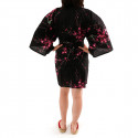 hanten kimono japonés algodón negro, TORIUME, flor de ave y ciruelo