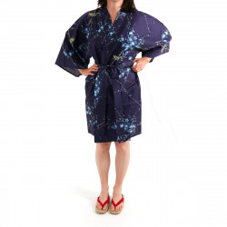 hanten kimono traditionnel japonais bleu en coton oiseau et fleurs prune pour femme