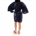 Hanten kimono de algodón japonés azul, TORIUME, flor de ave y ciruelo