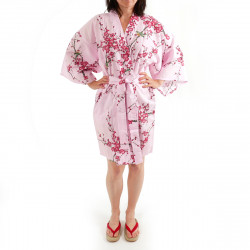 hanten kimono giapponese in cotone rosa, TORIUME, fiori di uccello e prugna
