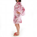 hanten kimono giapponese in cotone rosa, TORIUME, fiori di uccello e prugna