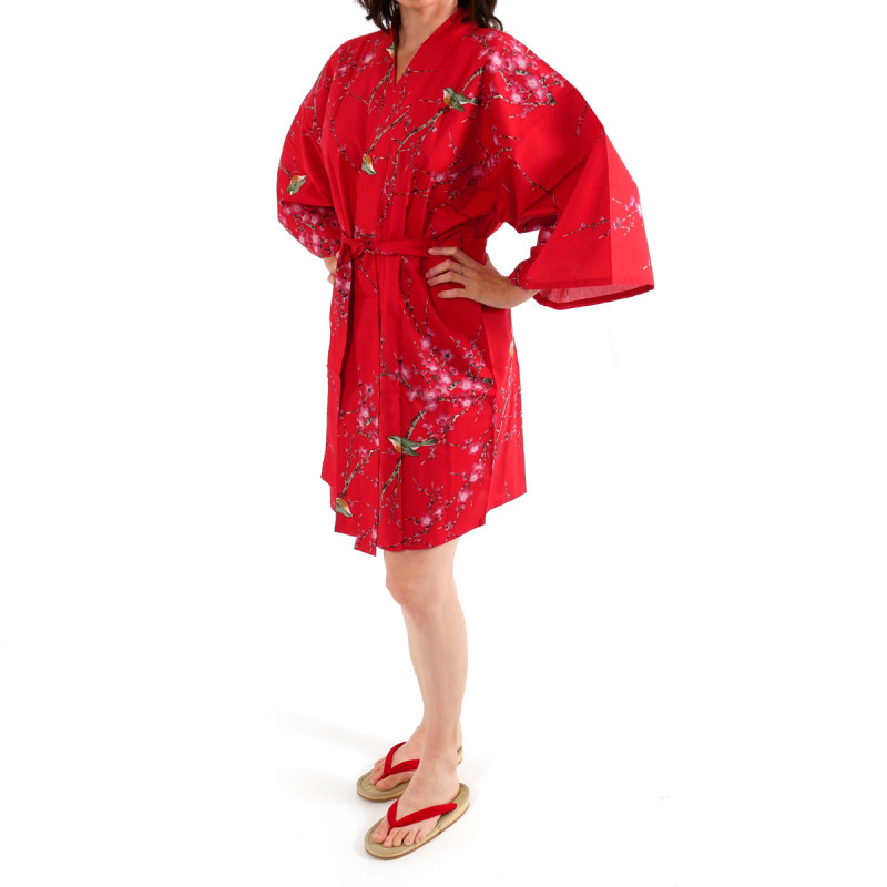hanten kimono japonés algodón rojo, TORIUME, flor de ave y ciruelo