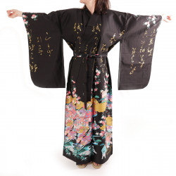 Japanischer traditioneller schwarzer Kimono für Frauen, UTAÔJO, brillante Gedichte und Prinzessinnen
